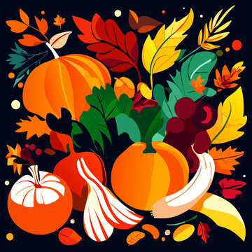 Autumn background with pumpkins, leaves and berries. Vector illustration generative AI