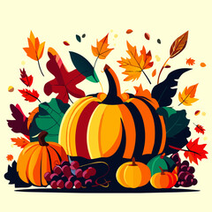 Obraz na płótnie Canvas Autumn background with pumpkins, leaves and berries. Vector illustration. AI Generated