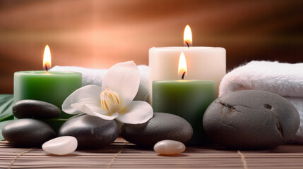 Beauty Spa Concept Massage Stones With Towels And Candles In Natural Background 2