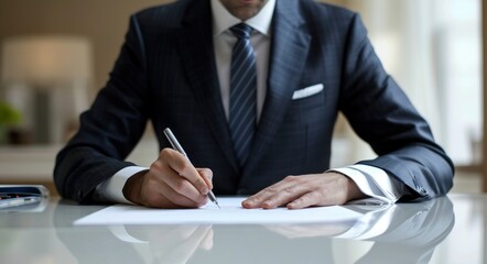 A businessman confidently signing a document, corporate paper reports picture