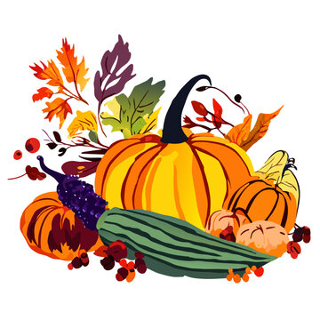 Autumn harvest, pumpkins, leaves, berries, berries, fruits and vegetables. Vector illustration. AI generated