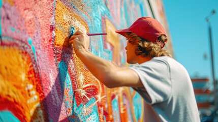 A young man is painting graffiti on the wall. Colorful graffiti on the wall. - obrazy, fototapety, plakaty