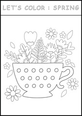 Spring printable worksheet coloring page in black and white outline illustration. Color and drawing book for children's skills