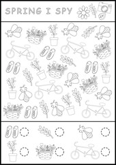 Spring printable worksheet in black and white. I spy game page for children. Searching and counting activity with drawing symbols. Spring simple spotting coloring page