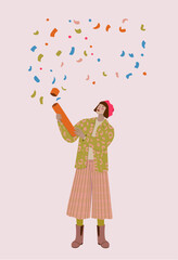 A character with a confetti cannon. A woman wearing a pink hat and vintage-style clothing throws confetti into the air with a confetti cannon.