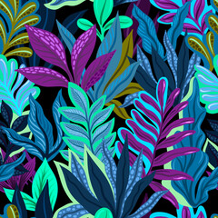 Seamless pattern with decorative tropical plants. Illustration for the design of fabric, wrapping paper, wallpaper and other.