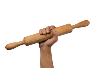 Hand holding a wooden rolling pin isolated on white background