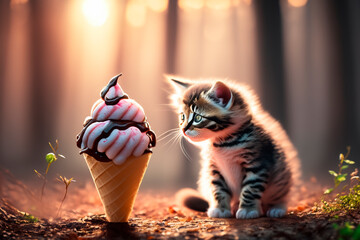 Kitten eating ice cream cone in the forest bathed in sunlight. AI generated.