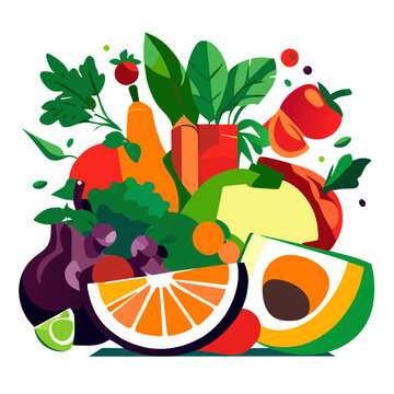 Vegetables and fruits on white background. Vector illustration in flat style. Generative AI