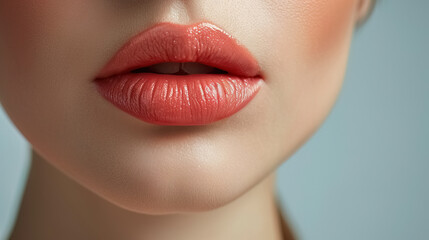 Obraz premium Close-up lip women photography realistic detail, skin soft makeup no make up, for ads lipstick color cosmetic
