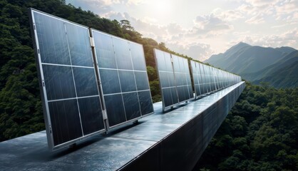 Solar panels on the roof of a building with a beautiful landscape.