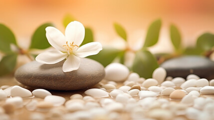 Fototapeta na wymiar Soothing zen-like background with pebbles and jasmine flowers 8