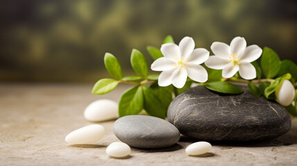 Fototapeta na wymiar Soothing zen-like background with pebbles and jasmine flowers 7