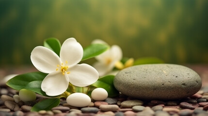 Fototapeta na wymiar Soothing zen-like background with pebbles and jasmine flowers 6