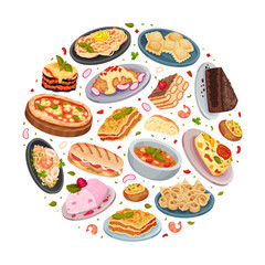 Italian Food Cuisine Round Composition Design with Tasty Dish Vector Template