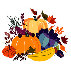 Obraz na płótnie Canvas Autumn composition with pumpkins, berries and leaves. Vector illustration. Generative AI