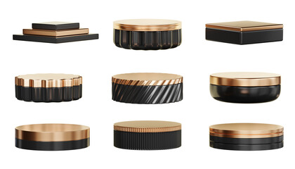 Black and gold podium set pack isolated background 3d rendering 