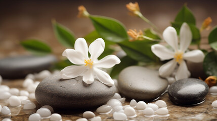 Fototapeta na wymiar Soothing zen-like background with pebbles and jasmine flowers 5