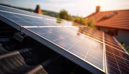 Solar panels installed on the roof of a house. Alternative energy source.