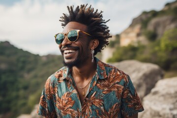 Portrait of a grinning afro-american man in his 50s wearing a trendy sunglasses against a rocky...