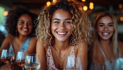 Diverse smiling women friends enjoying wine at an indoor wine tasting, attractive cute face, light makeup, fun smile expression. Party celebration success. Hen party, maidenly, girlish.