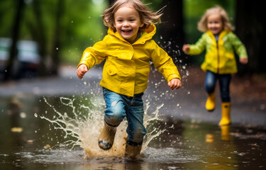 Exuberant toddlers in yellow raincoats reveling in puddle play