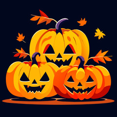 Halloween pumpkins with scary faces and autumn leaves. Vector illustration AI Generated