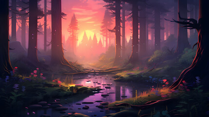 Colorful and beautiful magical forest illustrations - obrazy, fototapety, plakaty