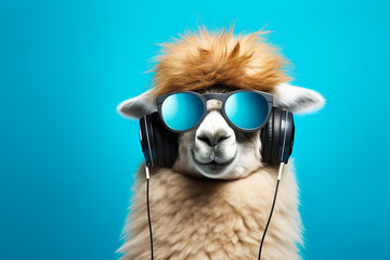 emu listens to music with trendy sunglasses on a blue background
