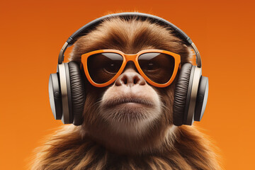 monkey listens to music with trendy sunglasses on an orange background