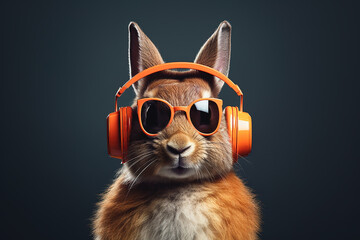 rabbit listens to music with trendy sunglasses on a dark background