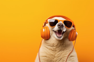 cheerful dog listens to music with trendy sunglasses on a yellow background - obrazy, fototapety, plakaty