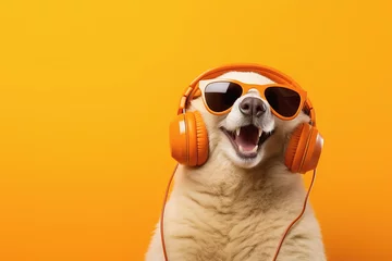 Meubelstickers cheerful dog listens to music with trendy sunglasses on a yellow background © 23_stockphotography