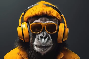 Rolgordijnen monkey listens to music with trendy sunglasses on a gray background © 23_stockphotography