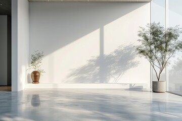 A large white wall sits unoccupied in this modern, minimalistic space. Generative Ai.