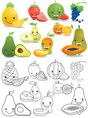 Fototapeta premium Vector set of funny fruits cartoon, coloring book or page