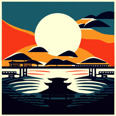 Fototapeta na wymiar Sunset on the lake, vector illustration in retro and vintage style AI generated