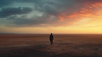 A solitary figure standing on a desolate plain, staring into the distance
