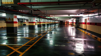 Underground Parking Garage: Empty, Illuminated with Concrete Columns and Neon Lights