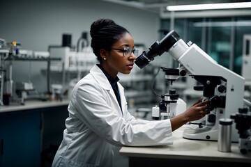 Black female scientist looking through microscope while working in laboratory.


