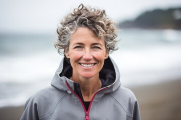 Portrait of a grinning woman in her 50s wearing a thermal fleece pullover against a crashing waves...
