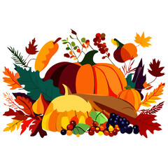 Obraz na płótnie Canvas Autumn background with pumpkins, leaves and berries. Vector illustration. Generative AI