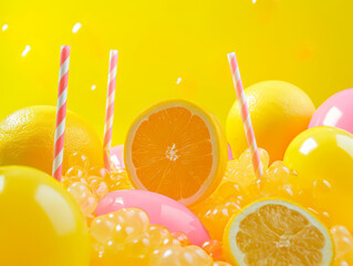 A bunch of inflated balloons with fresh oranges amongst them. Artistic expression of pop fun.