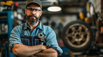 A rugged mechanic with a thick beard and a determined look fixes a broken wheel indoors, his glasses perched on his nose and his shirt sleeves rolled up - obrazy, fototapety, plakaty