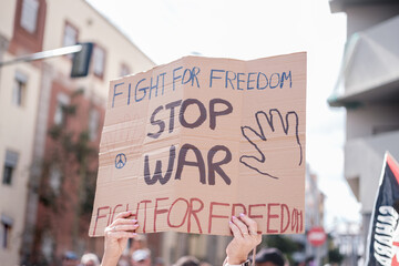 Woman raising an anti-war banner at an anti-war demonstration. Concept: peace, union, fight