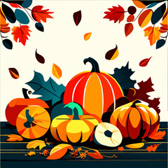 Autumn background with pumpkins, leaves and berries. Vector illustration. AI Generated