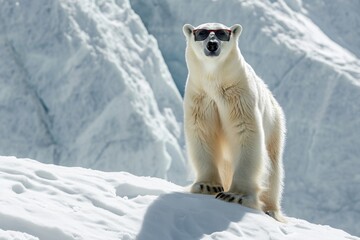 A cool and confident polar bear basks in the wintry wonderland, sporting sunglasses on a snow-covered mountain in the arctic