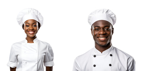 Happy Portrait of Black Man and Woman Chefs, Cooks or Bakers in Chef Uniform and Hat, Isolated on Transparent Background, PNG - obrazy, fototapety, plakaty