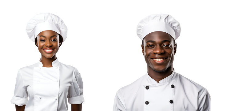 Happy Portrait of Black Man and Woman Chefs, Cooks or Bakers in Chef Uniform and Hat, Isolated on Transparent Background, PNG