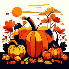 Obraz na płótnie Canvas Autumn background with pumpkins, leaves and birds. Vector illustration. Generative AI